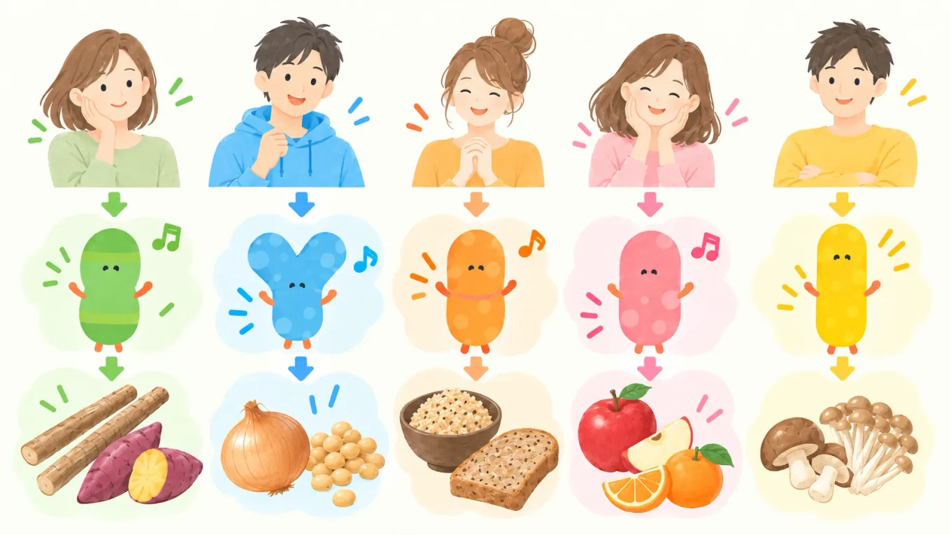 腸内細菌の種類によって、好む食べ物(エサ)が違うことを表したイラスト