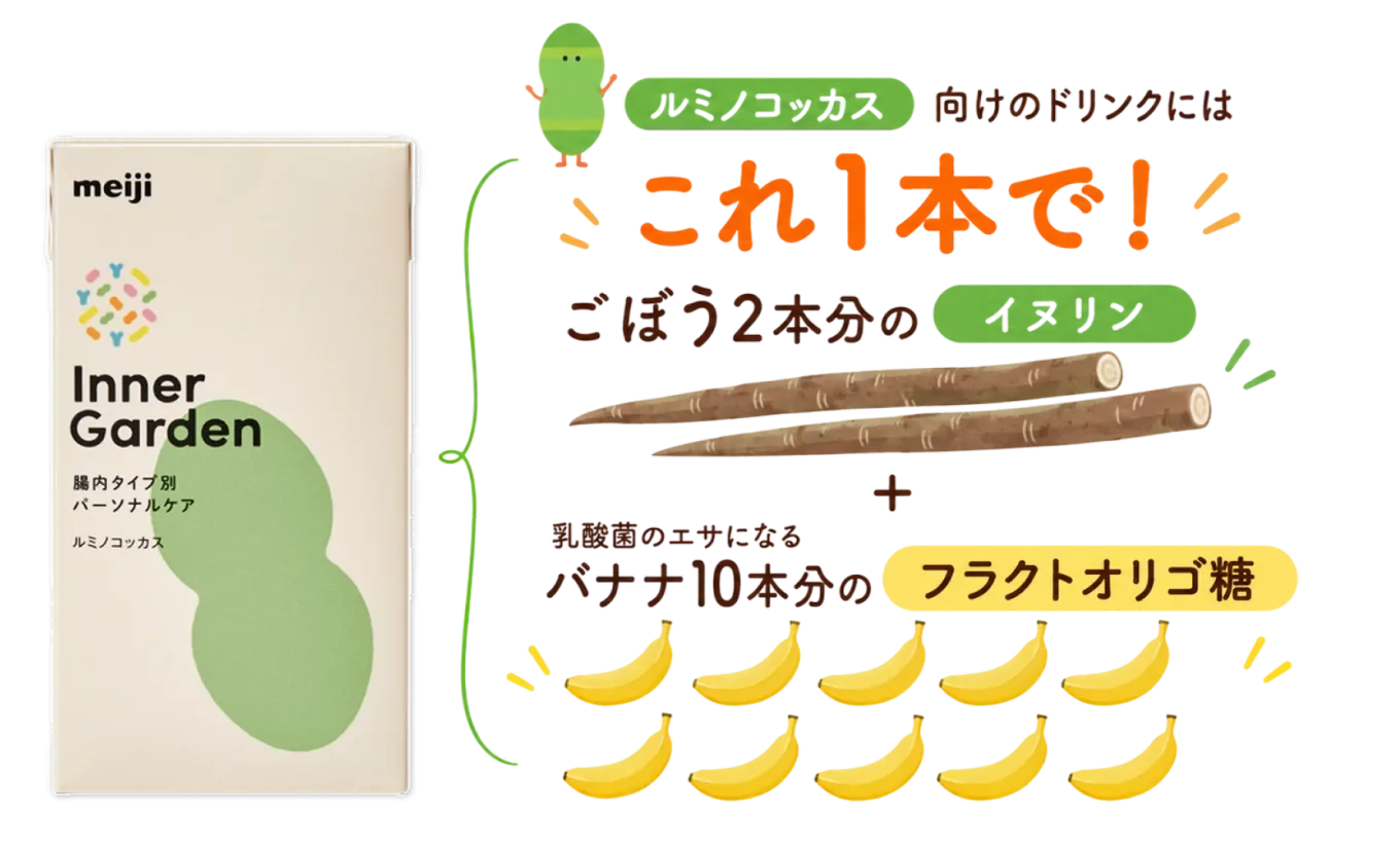 ルミノコッカス向けドリンクには、これ1本でごぼう2本分のイヌリンと乳酸菌のエサになるバナナ10本分のフラクトオリゴ糖を配合