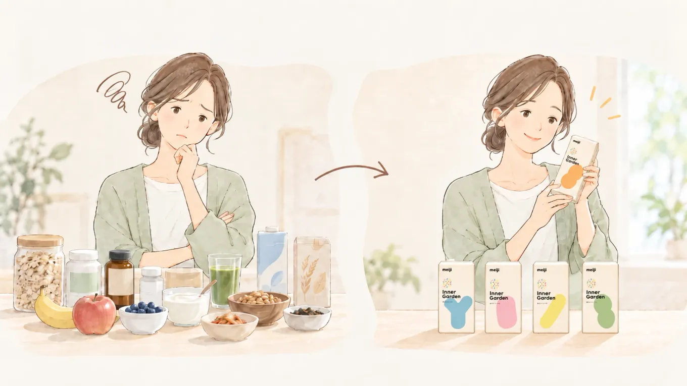 いろいろな腸活食品の前で迷う様子と、自分のタイプに合ったドリンクを選ぶ様子の比較イラスト